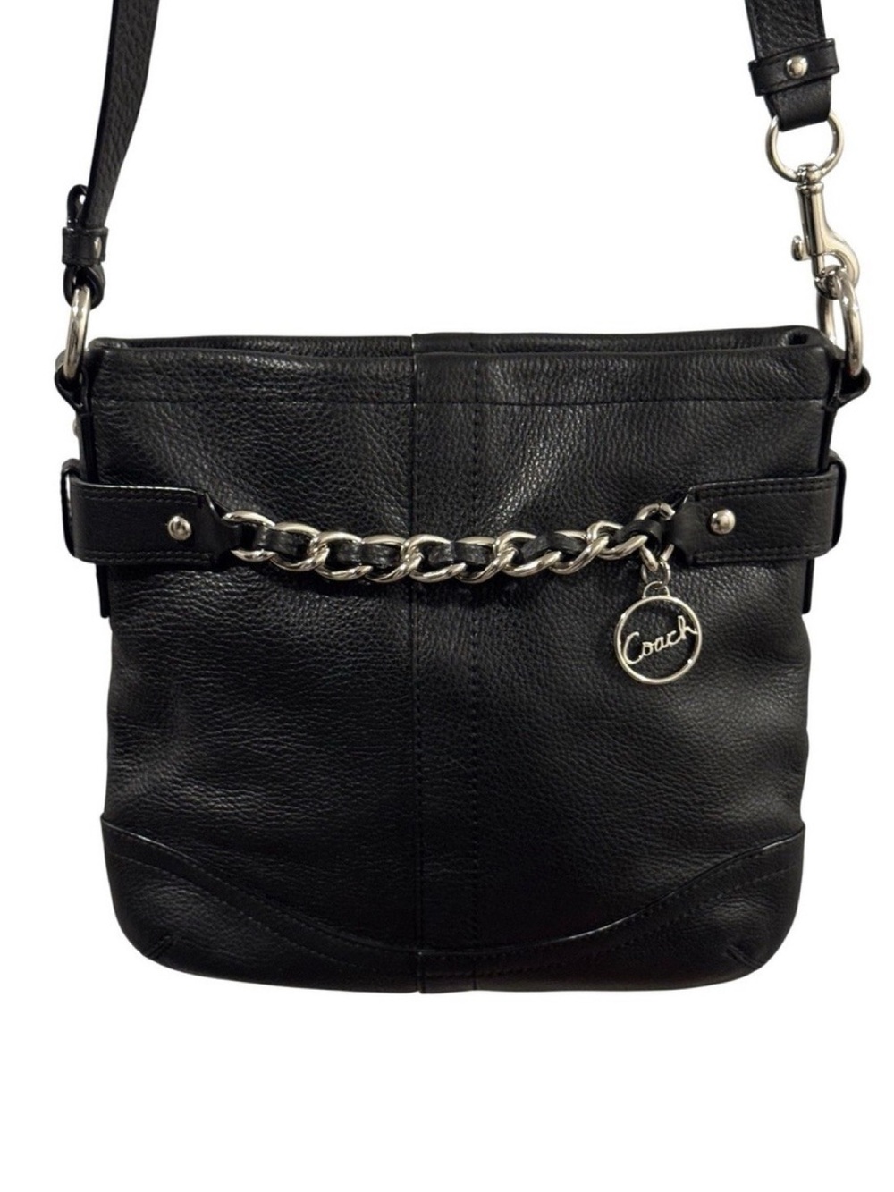 Vintage Coach F19722 Black Pebbled Leather Chain Duffle Crossbody Shoulder Bag